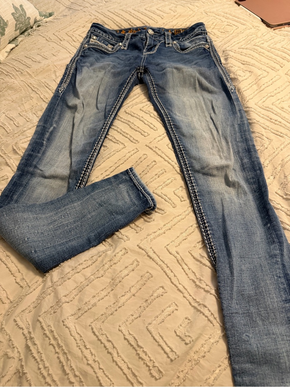 Rock Revival Light Wash Skinny Jeans with Whiskered Detailing